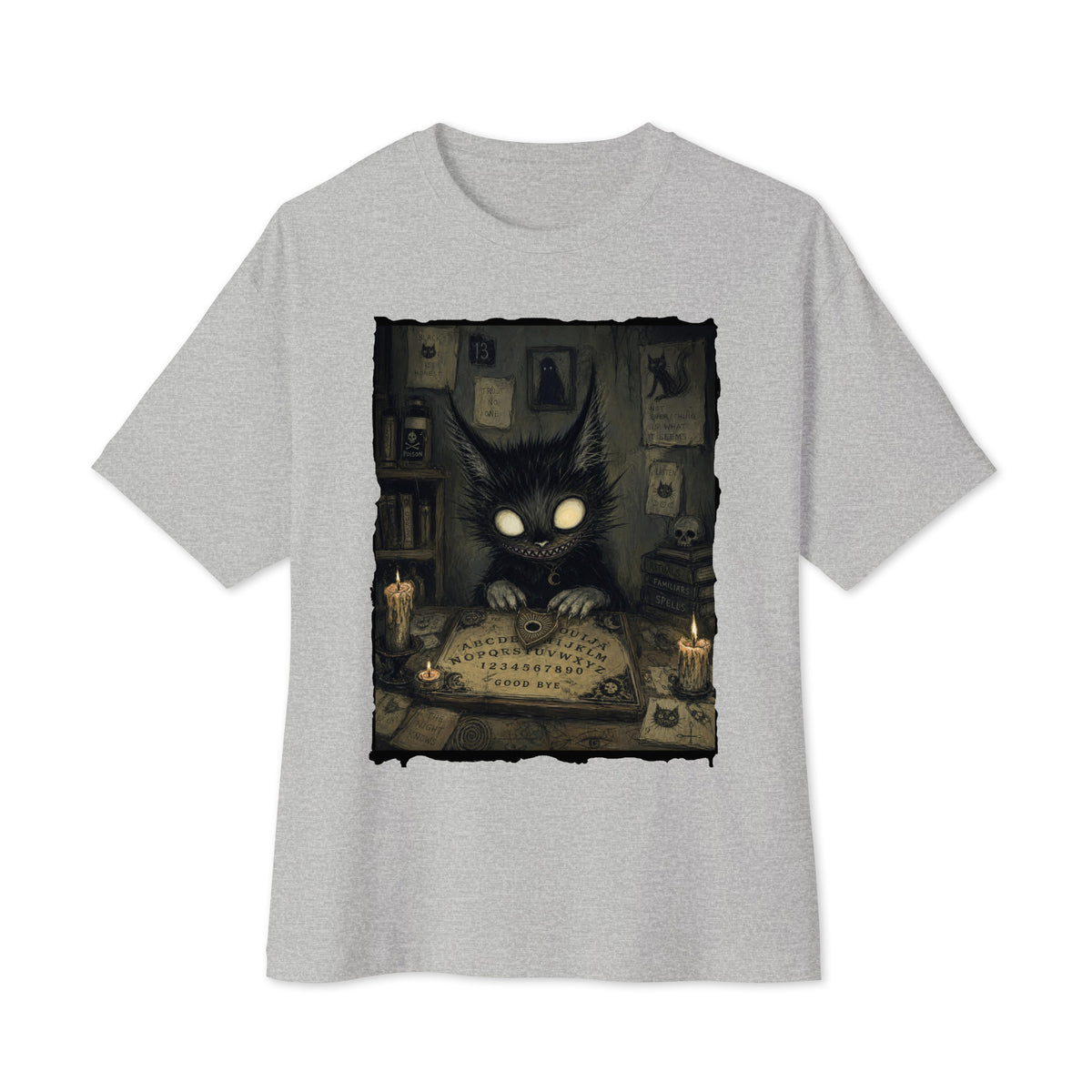 Athletic heather oversized boxy tee with the 'Free Readings' goth graphic: a wide-eyed black cat creature at a Ouija board surrounded by candles