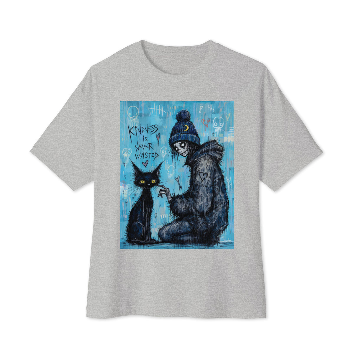 Athletic heather oversized boxy tee with the 'Kindness Is Never Wasted' goth graphic: a girl in a moon beanie petting a black cat on a blue background, with the words "Kindness is never wasted"