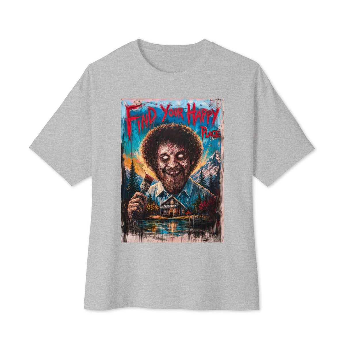 Athletic heather oversized boxy tee with the 'Find Your Happy Place' goth graphic: a zombie painter with a curly afro holding a paintbrush in front of a lakeside cabin, with the words "Find your happy place"