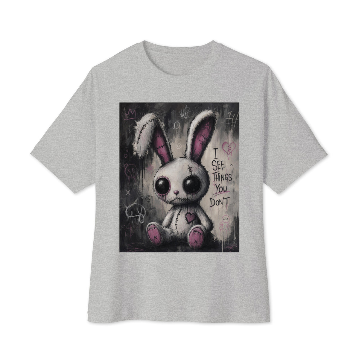 Athletic heather oversized boxy tee with the 'I See Things You Don't' goth graphic: a stitched white bunny with hollow eyes, with the words "I see things you don't"