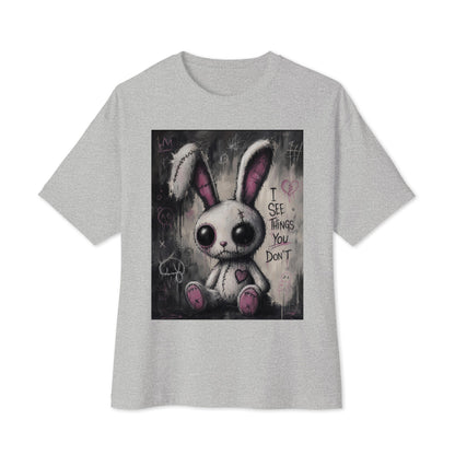 Athletic heather oversized boxy tee with the 'I See Things You Don't' goth graphic: a stitched white bunny with hollow eyes, with the words "I see things you don't"