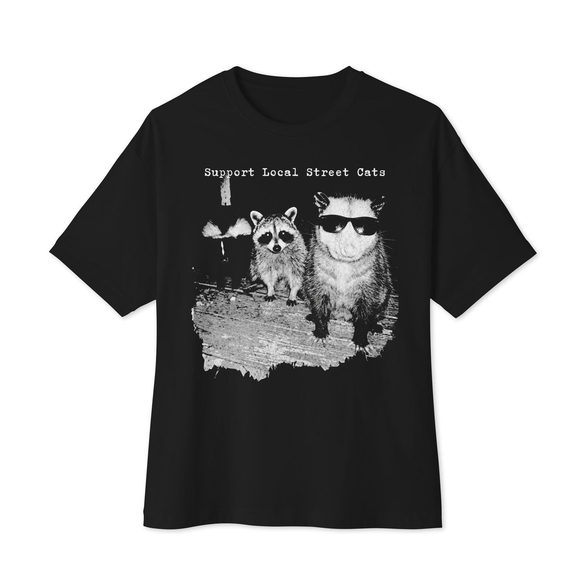 Funny "Support Your Local Street Cats" graphic printed on a black unisex oversized boxy tee, front view