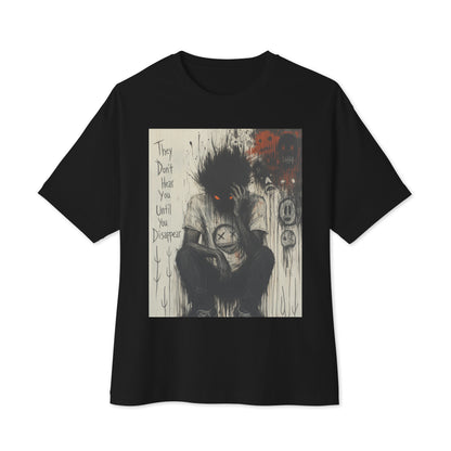 Black oversized boxy tee with the 'To Late' goth graphic: a shadowy, wild-haired figure with glowing red eyes hunched over, with the words "They don't hear you until you disappear"