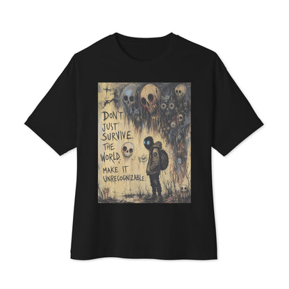 Black oversized boxy tee with the 'World Changer' goth graphic: a hooded figure beneath looming skulls, with the words "Don't just survive the world, make it unrecognizable"