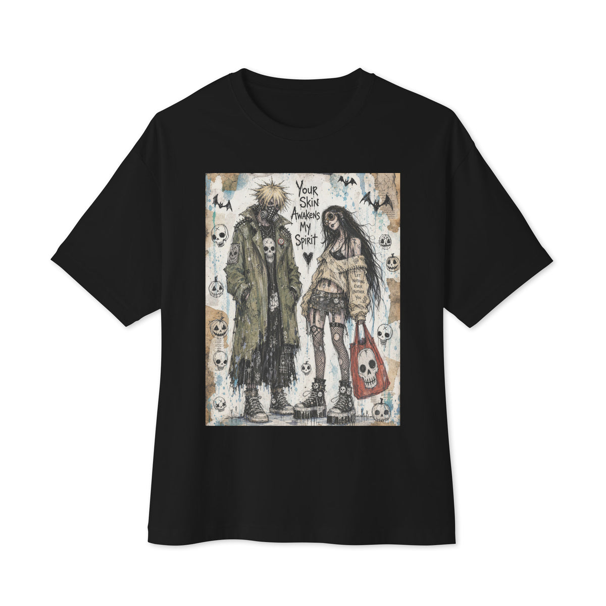 Black oversized boxy tee with the 'Your Skin Awakens My Spirit' goth graphic: a grunge zombie couple standing together, with the words "Your skin awakens my spirit"