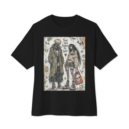 Black oversized boxy tee with the 'Your Skin Awakens My Spirit' goth graphic: a grunge zombie couple standing together, with the words "Your skin awakens my spirit"