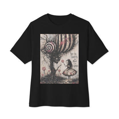 Black oversized boxy tee with the 'Sweet Tooth' goth graphic: a girl with a lollipop facing a creepy candy-striped tree monster, with the words "Not all sweets are meant to be saved"