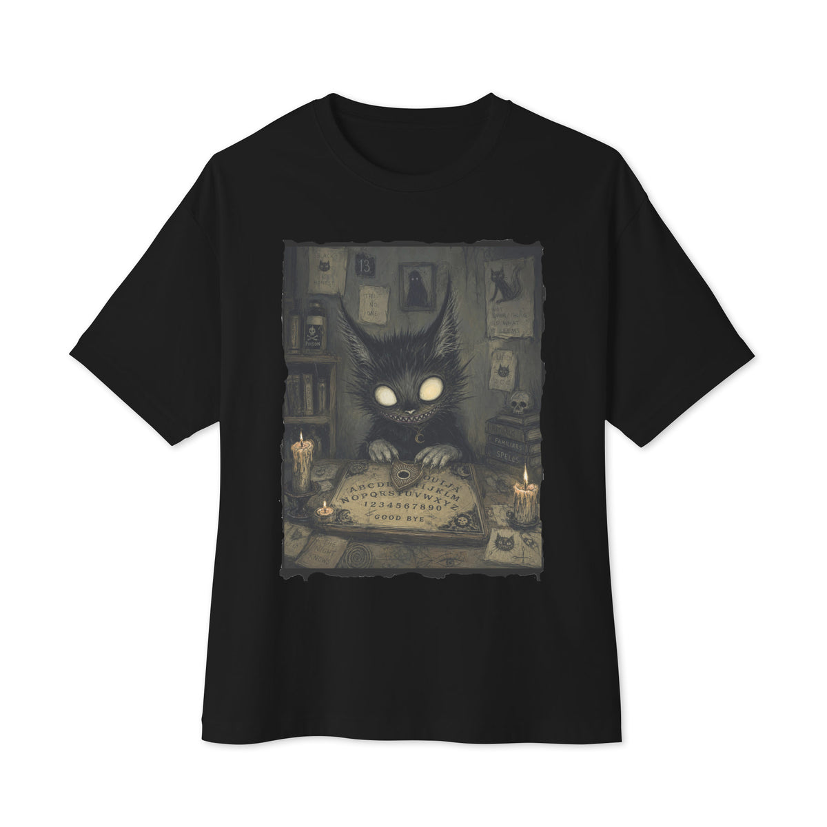 Black oversized boxy tee with the 'Free Readings' goth graphic: a wide-eyed black cat creature at a Ouija board surrounded by candles
