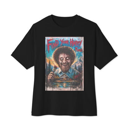 Black oversized boxy tee with the 'Find Your Happy Place' goth graphic: a zombie painter with a curly afro holding a paintbrush in front of a lakeside cabin, with the words "Find your happy place"