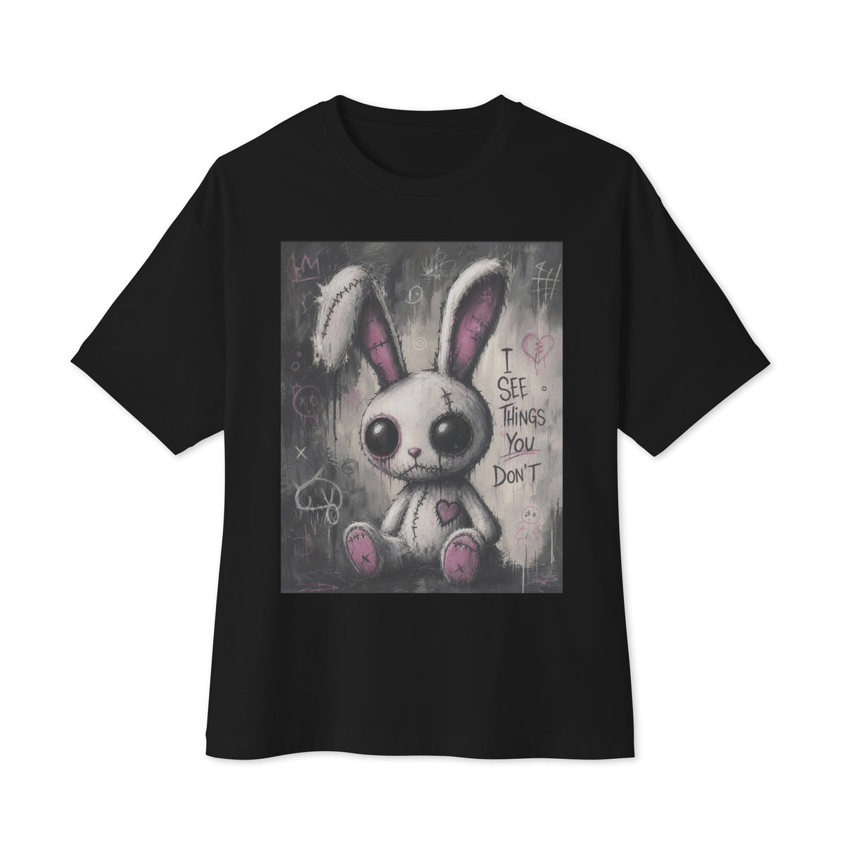Black oversized boxy tee with the 'I See Things You Don't' goth graphic: a stitched white bunny with hollow eyes, with the words "I see things you don't"