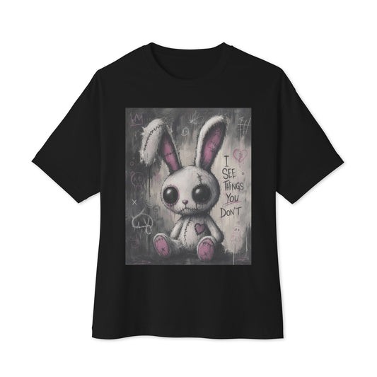 Black oversized boxy tee with the 'I See Things You Don't' goth graphic: a stitched white bunny with hollow eyes, with the words "I see things you don't"
