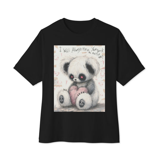 Black oversized boxy tee with the 'Always Got Your Back' goth graphic: a stitched panda-style teddy bear holding a pink heart, with the words "I will always have your back no matter what"