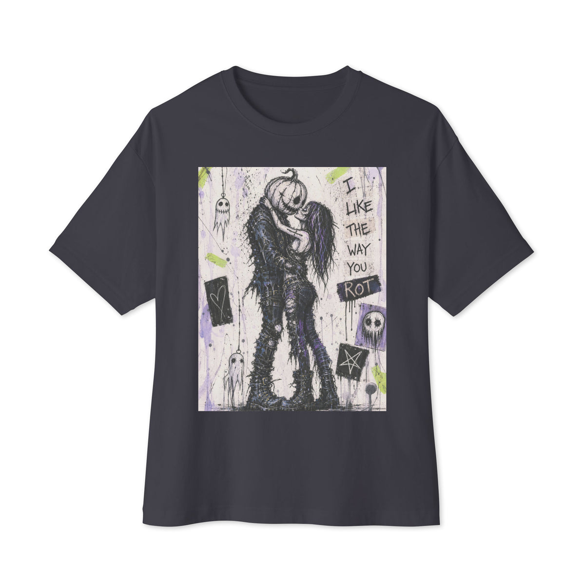 Dark grey oversized boxy tee with the 'I Like The Way You Rot' goth graphic: a pumpkin-headed zombie kissing a purple-haired goth girl, with the words "I like the way you rot"