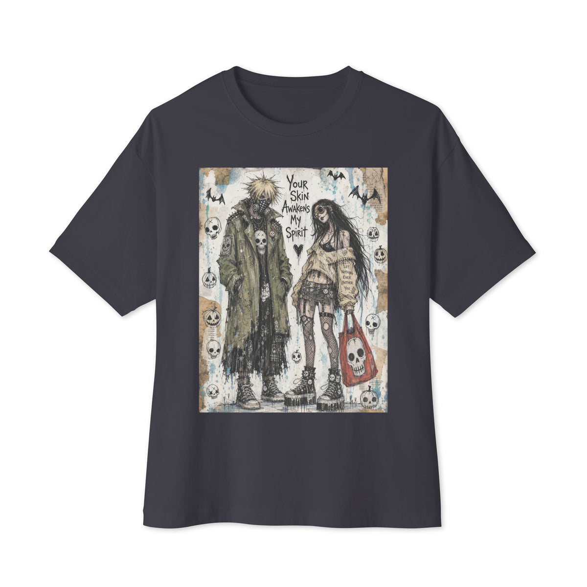 Dark grey oversized boxy tee with the 'Your Skin Awakens My Spirit' goth graphic: a grunge zombie couple standing together, with the words "Your skin awakens my spirit"