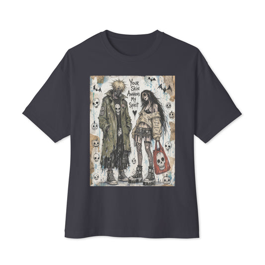 Dark grey oversized boxy tee with the 'Your Skin Awakens My Spirit' goth graphic: a grunge zombie couple standing together, with the words "Your skin awakens my spirit"