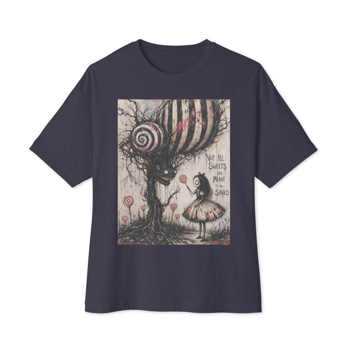 Dark grey oversized boxy tee with the 'Sweet Tooth' goth graphic: a girl with a lollipop facing a creepy candy-striped tree monster, with the words "Not all sweets are meant to be saved"