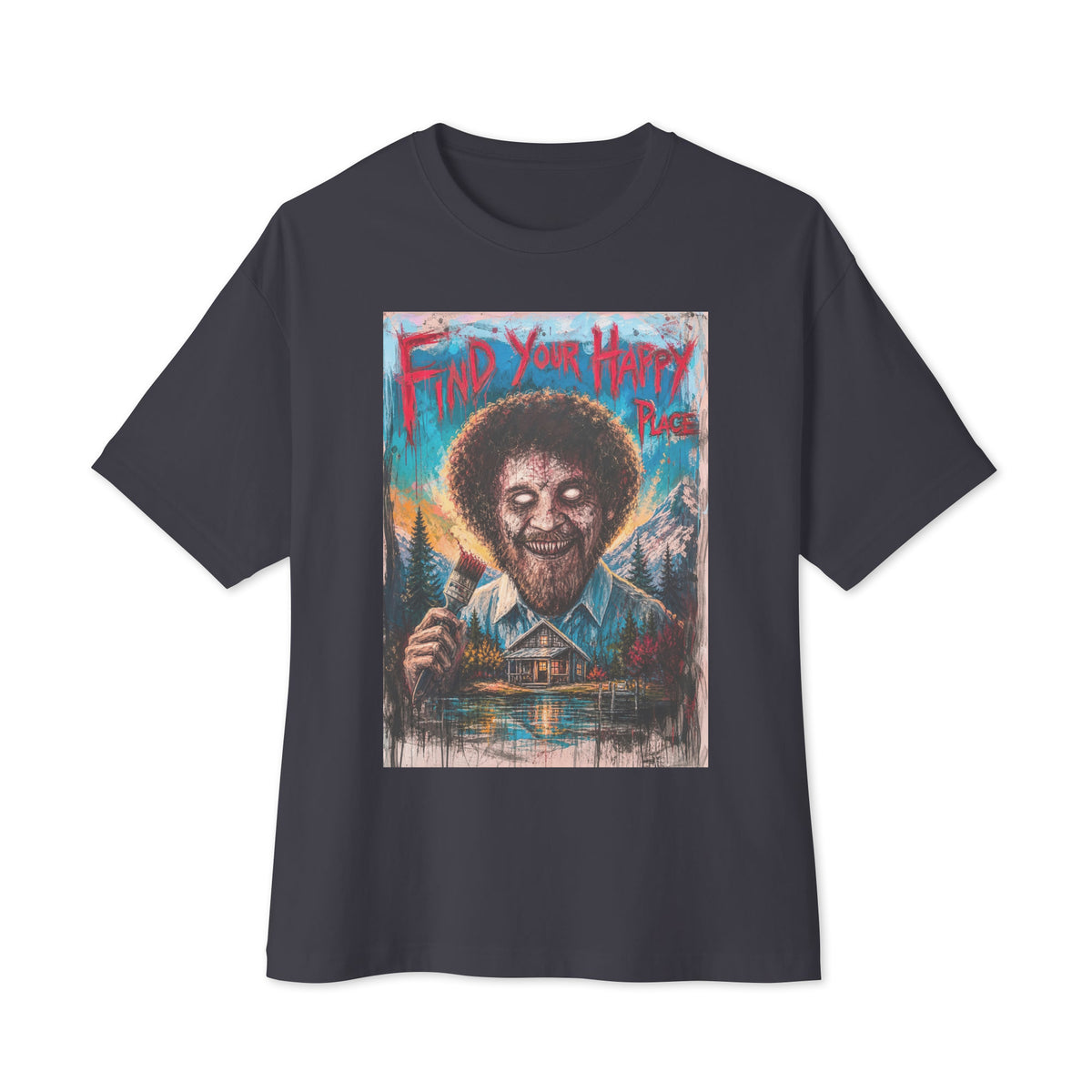 Dark grey oversized boxy tee with the 'Find Your Happy Place' goth graphic: a zombie painter with a curly afro holding a paintbrush in front of a lakeside cabin, with the words "Find your happy place"