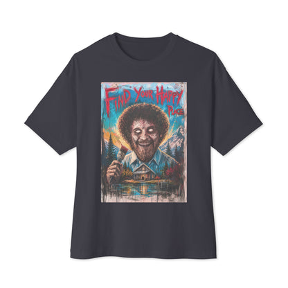 Dark grey oversized boxy tee with the 'Find Your Happy Place' goth graphic: a zombie painter with a curly afro holding a paintbrush in front of a lakeside cabin, with the words "Find your happy place"