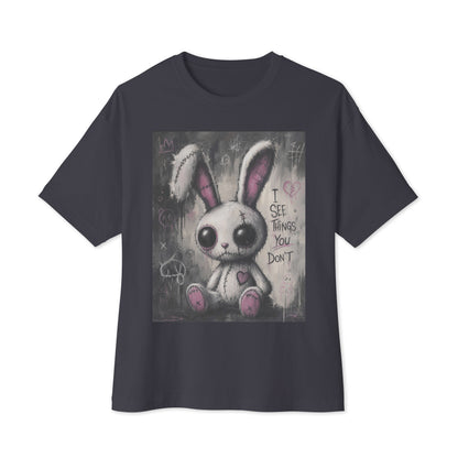 Dark grey oversized boxy tee with the 'I See Things You Don't' goth graphic: a stitched white bunny with hollow eyes, with the words "I see things you don't"