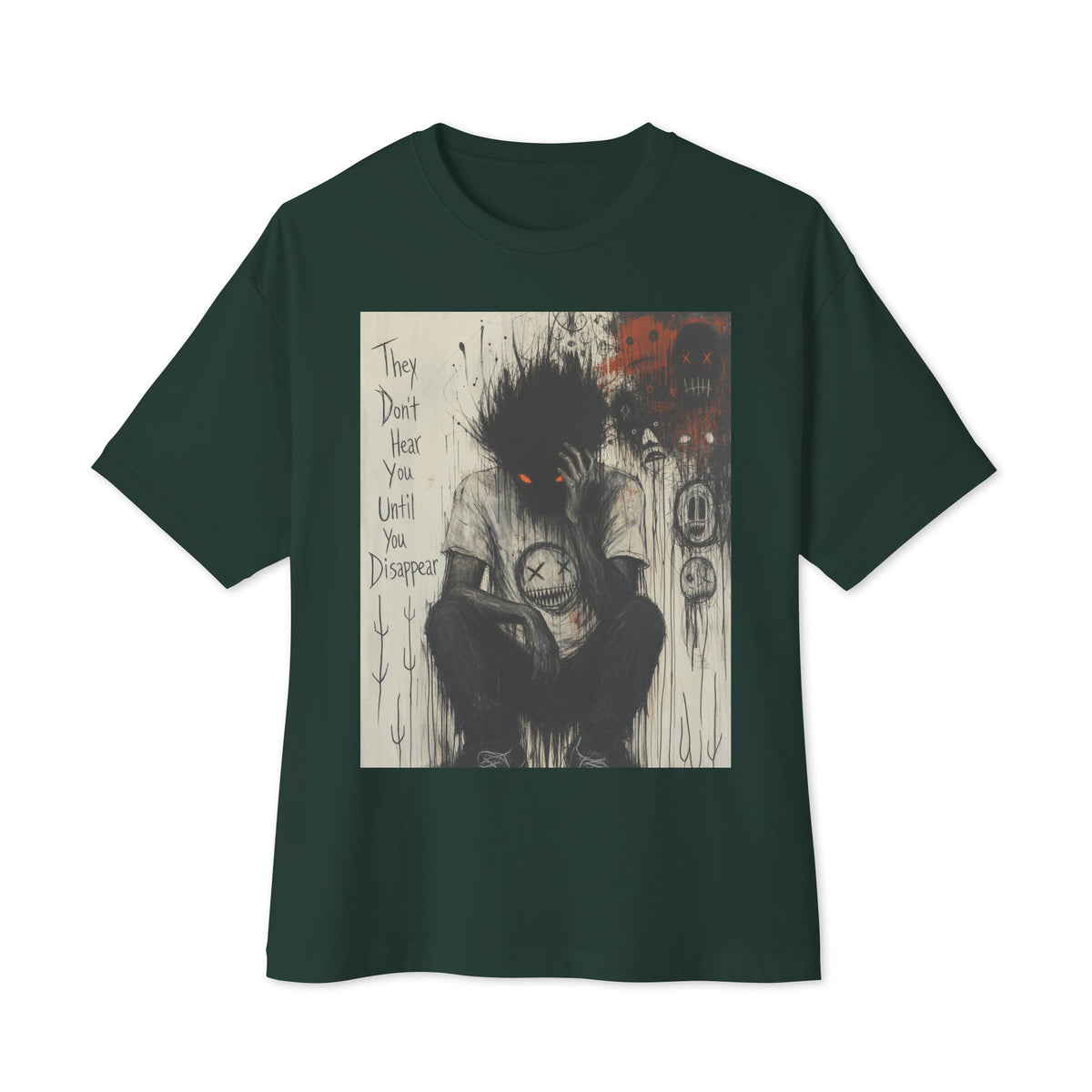 Forest oversized boxy tee with the 'To Late' goth graphic: a shadowy, wild-haired figure with glowing red eyes hunched over, with the words "They don't hear you until you disappear"