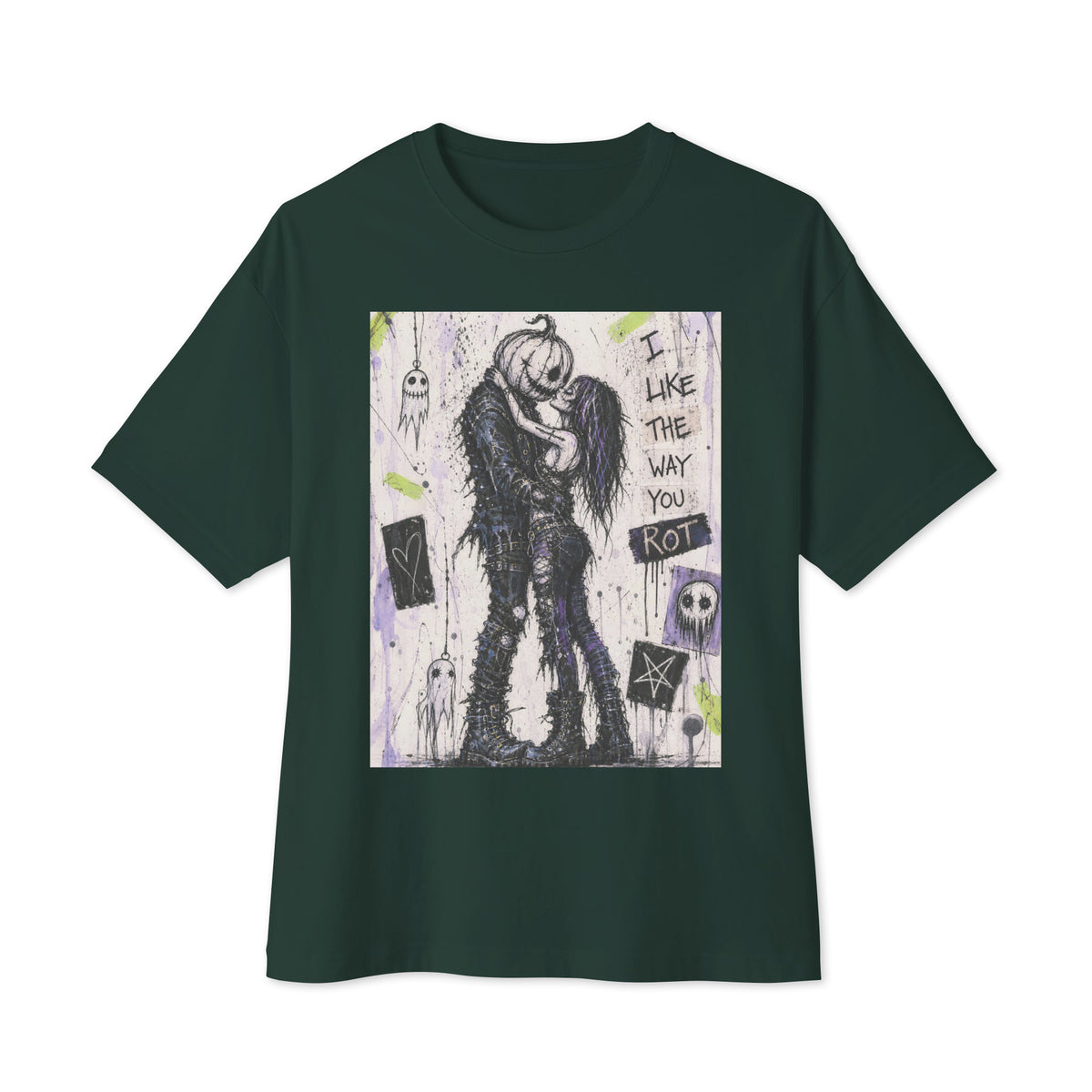 Forest oversized boxy tee with the 'I Like The Way You Rot' goth graphic: a pumpkin-headed zombie kissing a purple-haired goth girl, with the words "I like the way you rot"