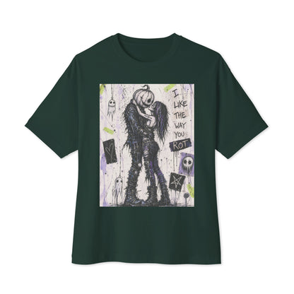 Forest oversized boxy tee with the 'I Like The Way You Rot' goth graphic: a pumpkin-headed zombie kissing a purple-haired goth girl, with the words "I like the way you rot"