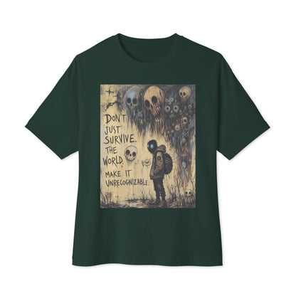 Forest oversized boxy tee with the 'World Changer' goth graphic: a hooded figure beneath looming skulls, with the words "Don't just survive the world, make it unrecognizable"