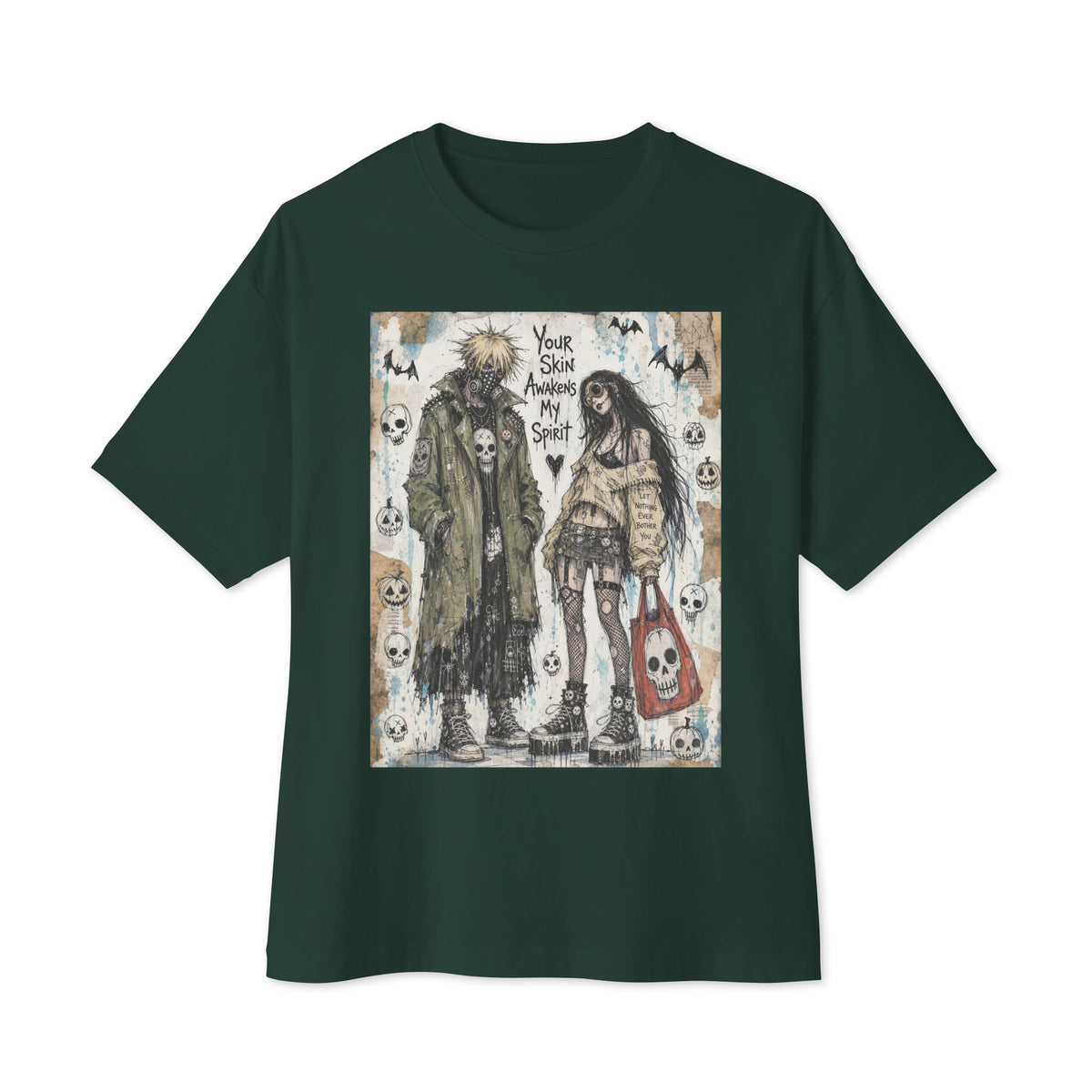 Forest oversized boxy tee with the 'Your Skin Awakens My Spirit' goth graphic: a grunge zombie couple standing together, with the words "Your skin awakens my spirit"