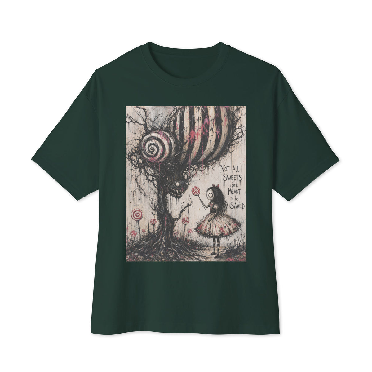 Forest oversized boxy tee with the 'Sweet Tooth' goth graphic: a girl with a lollipop facing a creepy candy-striped tree monster, with the words "Not all sweets are meant to be saved"