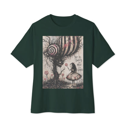Forest oversized boxy tee with the 'Sweet Tooth' goth graphic: a girl with a lollipop facing a creepy candy-striped tree monster, with the words "Not all sweets are meant to be saved"
