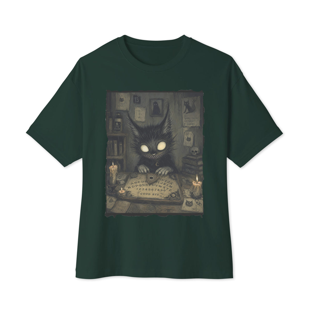 Forest oversized boxy tee with the 'Free Readings' goth graphic: a wide-eyed black cat creature at a Ouija board surrounded by candles