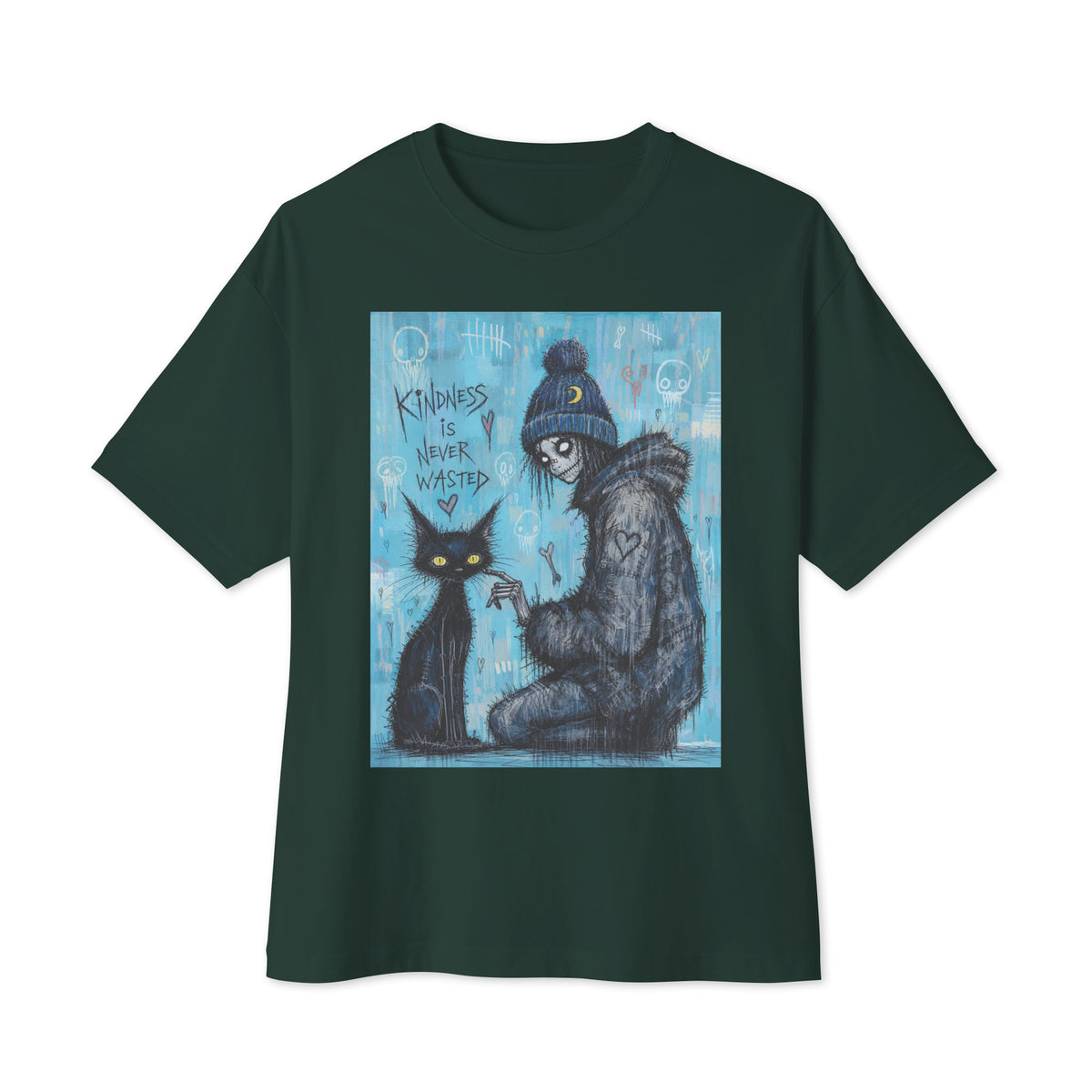 Forest oversized boxy tee with the 'Kindness Is Never Wasted' goth graphic: a girl in a moon beanie petting a black cat on a blue background, with the words "Kindness is never wasted"