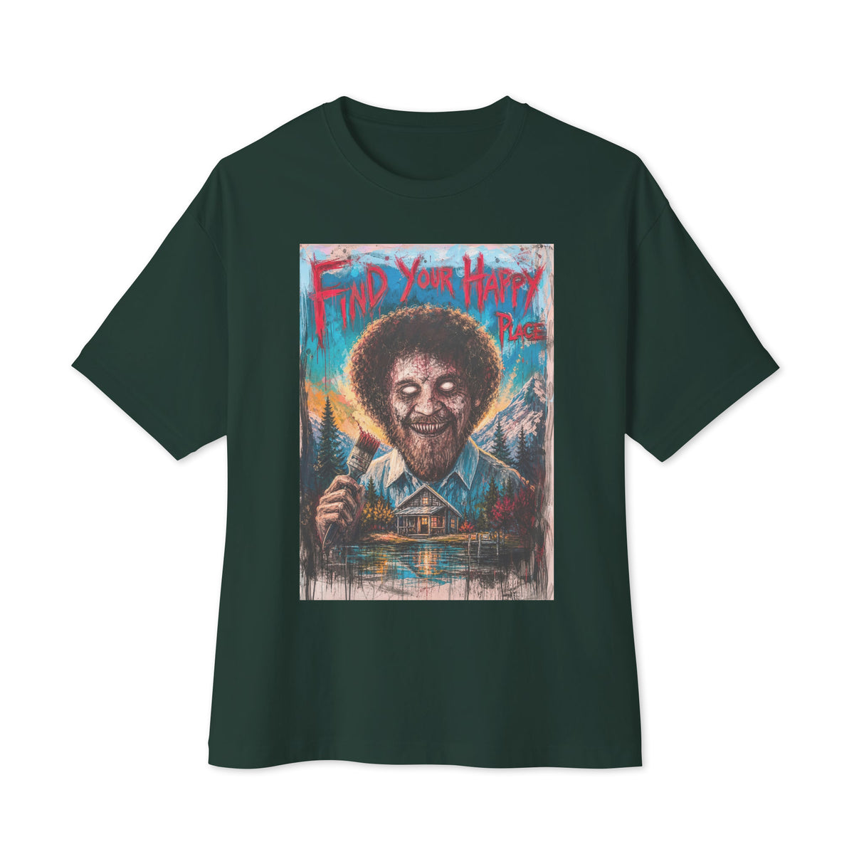 Forest oversized boxy tee with the 'Find Your Happy Place' goth graphic: a zombie painter with a curly afro holding a paintbrush in front of a lakeside cabin, with the words "Find your happy place"
