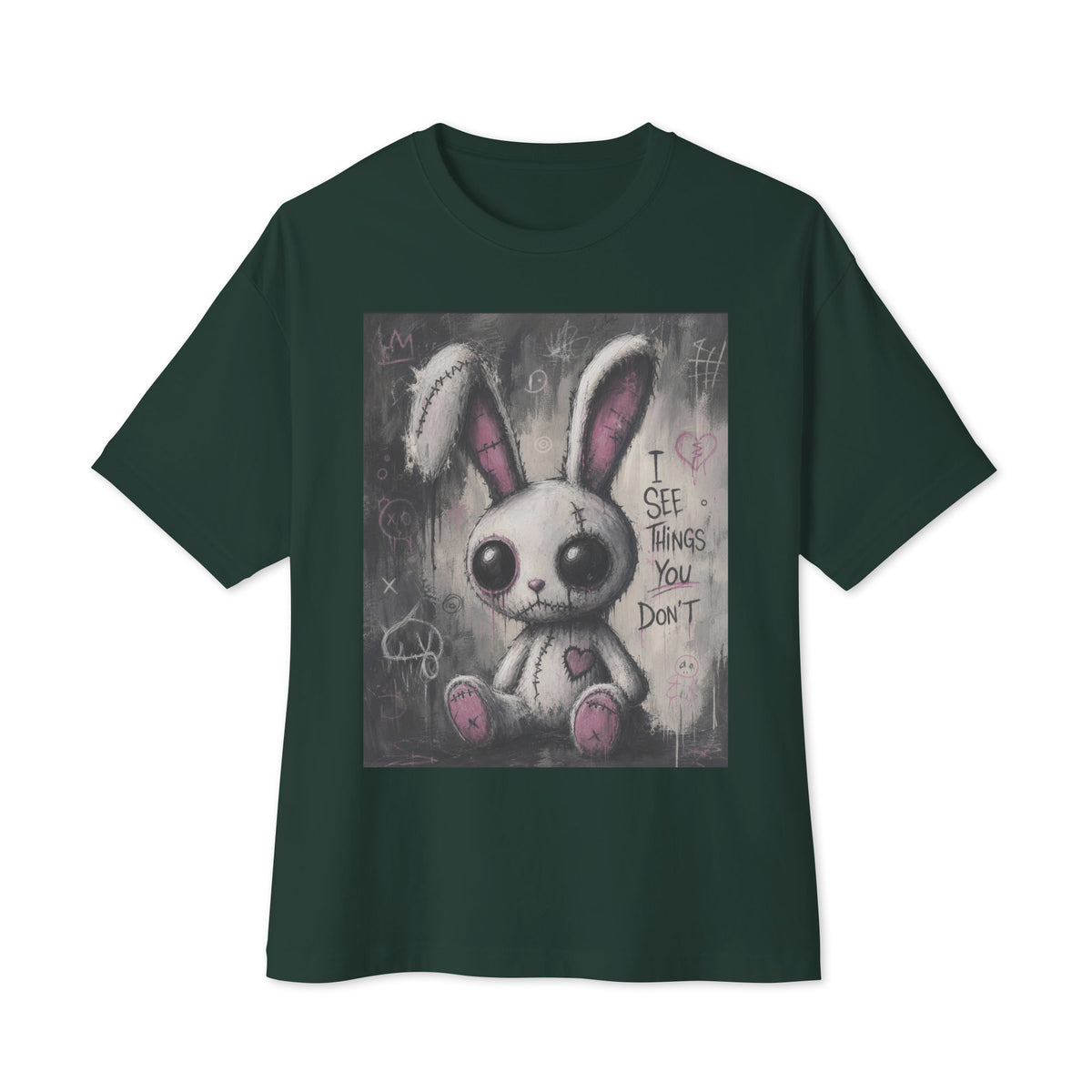 Forest oversized boxy tee with the 'I See Things You Don't' goth graphic: a stitched white bunny with hollow eyes, with the words "I see things you don't"