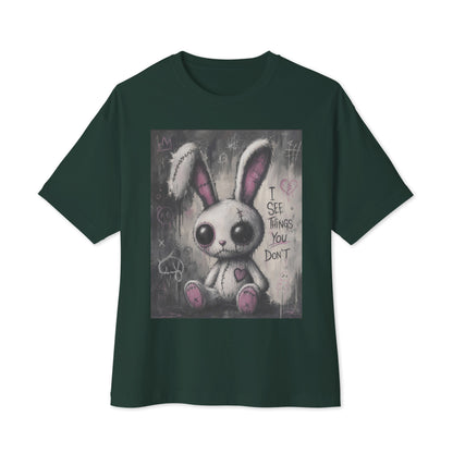 Forest oversized boxy tee with the 'I See Things You Don't' goth graphic: a stitched white bunny with hollow eyes, with the words "I see things you don't"