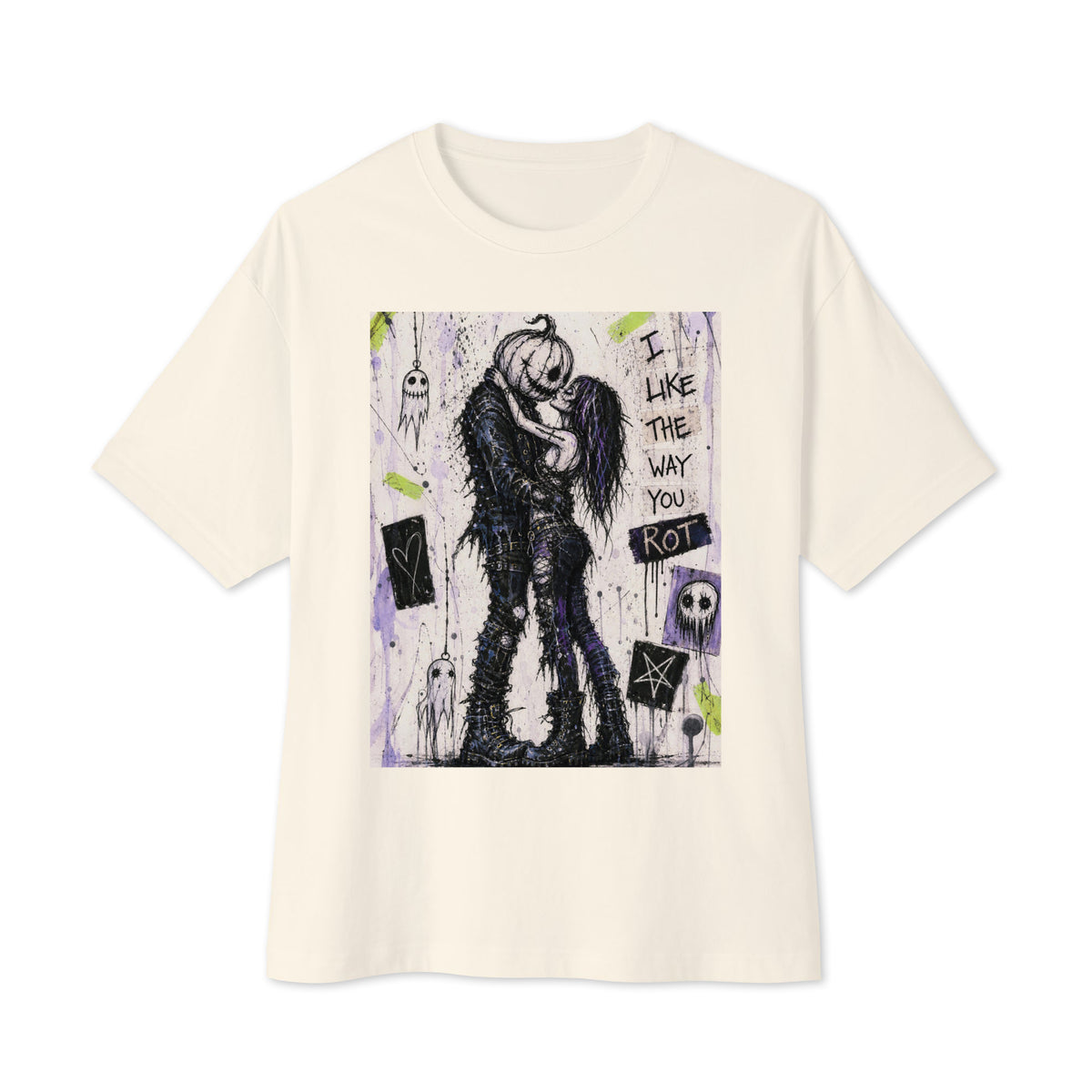 Natural oversized boxy tee with the 'I Like The Way You Rot' goth graphic: a pumpkin-headed zombie kissing a purple-haired goth girl, with the words "I like the way you rot"