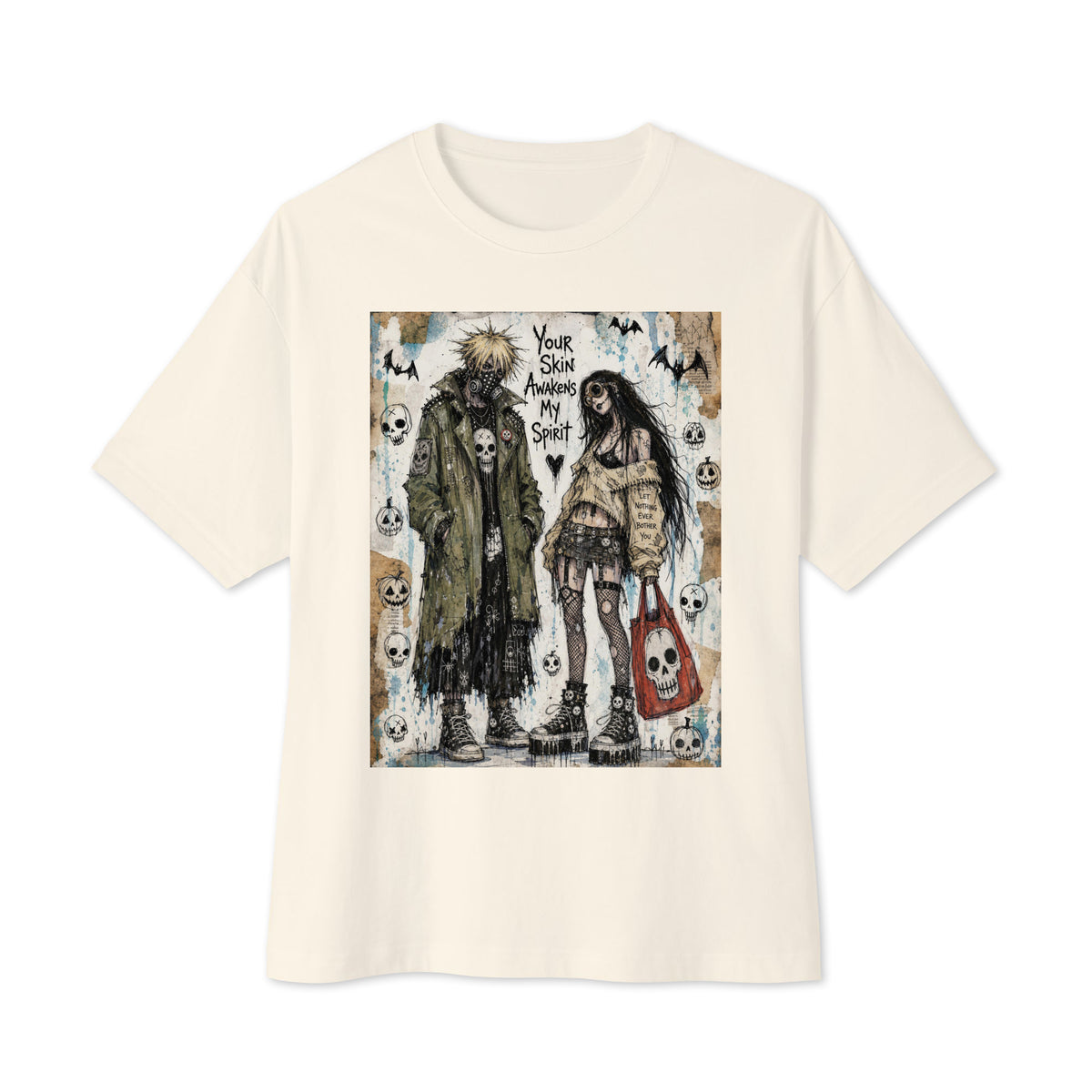 Natural oversized boxy tee with the 'Your Skin Awakens My Spirit' goth graphic: a grunge zombie couple standing together, with the words "Your skin awakens my spirit"