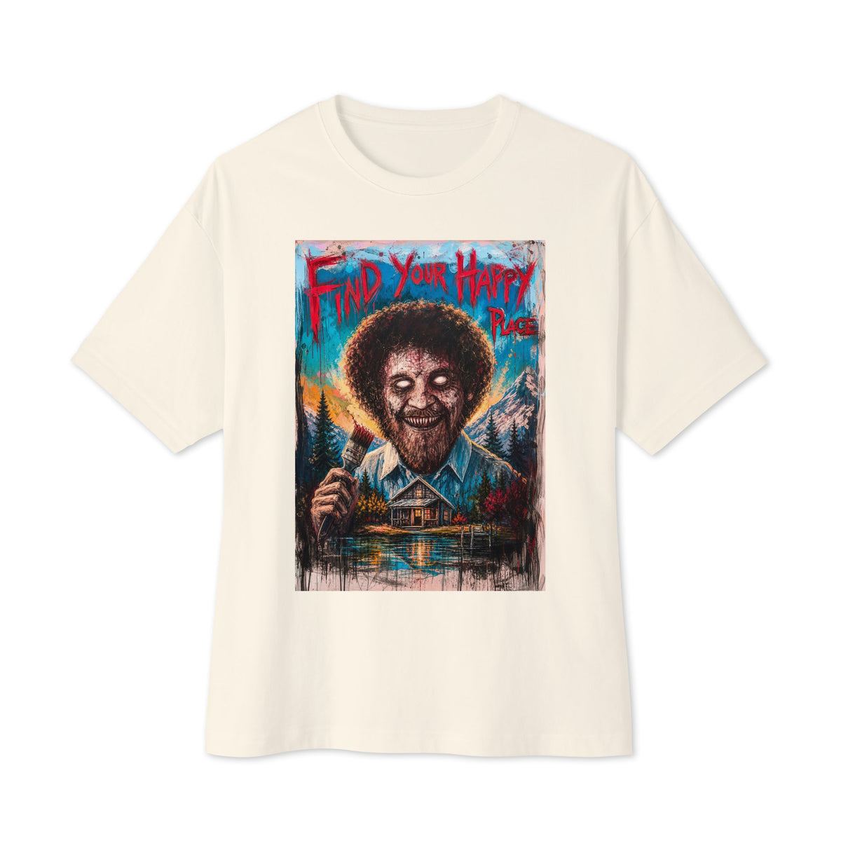 Natural oversized boxy tee with the 'Find Your Happy Place' goth graphic: a zombie painter with a curly afro holding a paintbrush in front of a lakeside cabin, with the words "Find your happy place"