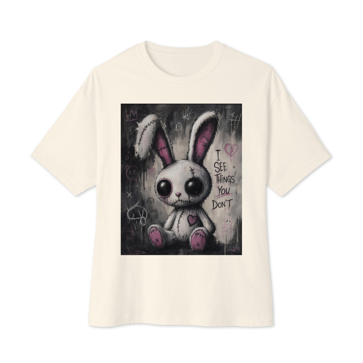 Natural oversized boxy tee with the 'I See Things You Don't' goth graphic: a stitched white bunny with hollow eyes, with the words "I see things you don't"