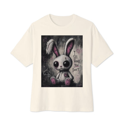 Natural oversized boxy tee with the 'I See Things You Don't' goth graphic: a stitched white bunny with hollow eyes, with the words "I see things you don't"