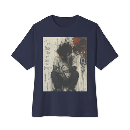 Navy oversized boxy tee with the 'To Late' goth graphic: a shadowy, wild-haired figure with glowing red eyes hunched over, with the words "They don't hear you until you disappear"