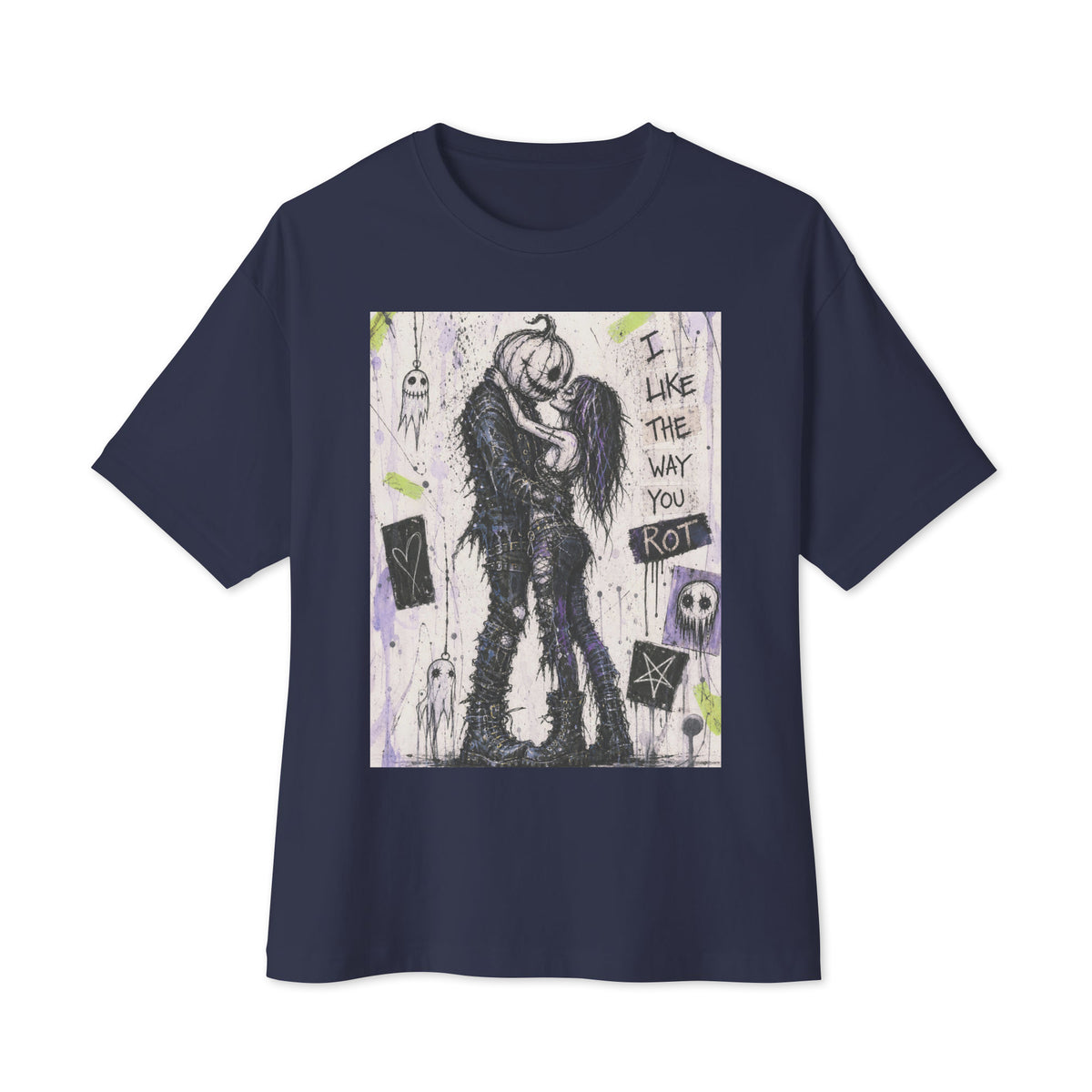 Navy oversized boxy tee with the 'I Like The Way You Rot' goth graphic: a pumpkin-headed zombie kissing a purple-haired goth girl, with the words "I like the way you rot"