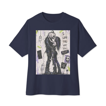 Navy oversized boxy tee with the 'I Like The Way You Rot' goth graphic: a pumpkin-headed zombie kissing a purple-haired goth girl, with the words "I like the way you rot"