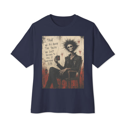 Navy oversized boxy tee with the 'Truth and Lies' goth graphic: a wild-haired skeleton in a chair holding a mug, with the words "I think we all know the truth, we just decided to call it something else"