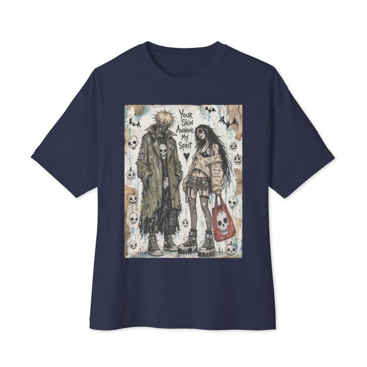 Navy oversized boxy tee with the 'Your Skin Awakens My Spirit' goth graphic: a grunge zombie couple standing together, with the words "Your skin awakens my spirit"