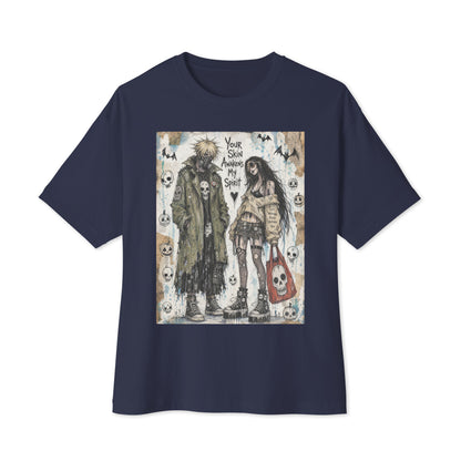Navy oversized boxy tee with the 'Your Skin Awakens My Spirit' goth graphic: a grunge zombie couple standing together, with the words "Your skin awakens my spirit"