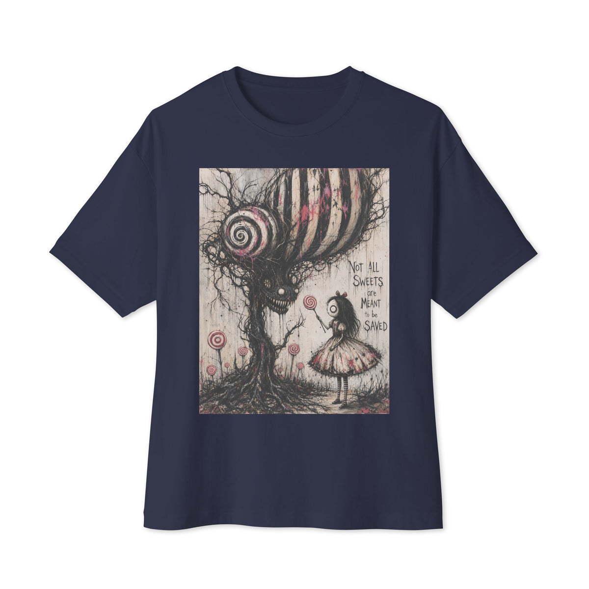 Navy oversized boxy tee with the 'Sweet Tooth' goth graphic: a girl with a lollipop facing a creepy candy-striped tree monster, with the words "Not all sweets are meant to be saved"