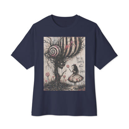 Navy oversized boxy tee with the 'Sweet Tooth' goth graphic: a girl with a lollipop facing a creepy candy-striped tree monster, with the words "Not all sweets are meant to be saved"