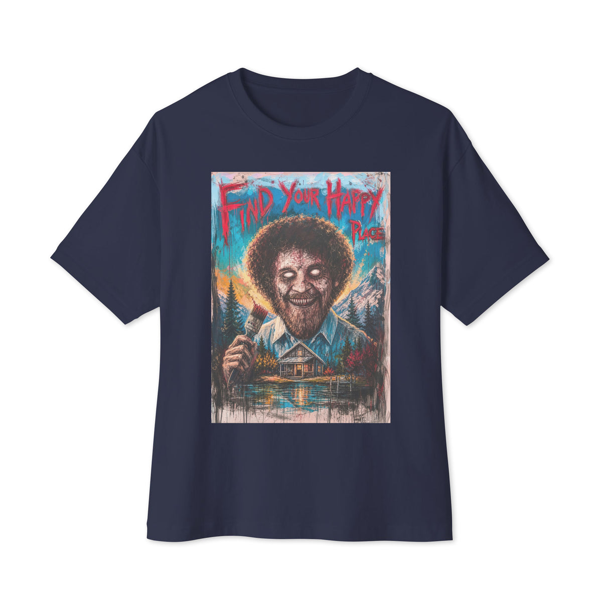 Navy oversized boxy tee with the 'Find Your Happy Place' goth graphic: a zombie painter with a curly afro holding a paintbrush in front of a lakeside cabin, with the words "Find your happy place"