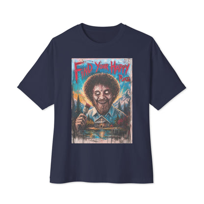 Navy oversized boxy tee with the 'Find Your Happy Place' goth graphic: a zombie painter with a curly afro holding a paintbrush in front of a lakeside cabin, with the words "Find your happy place"